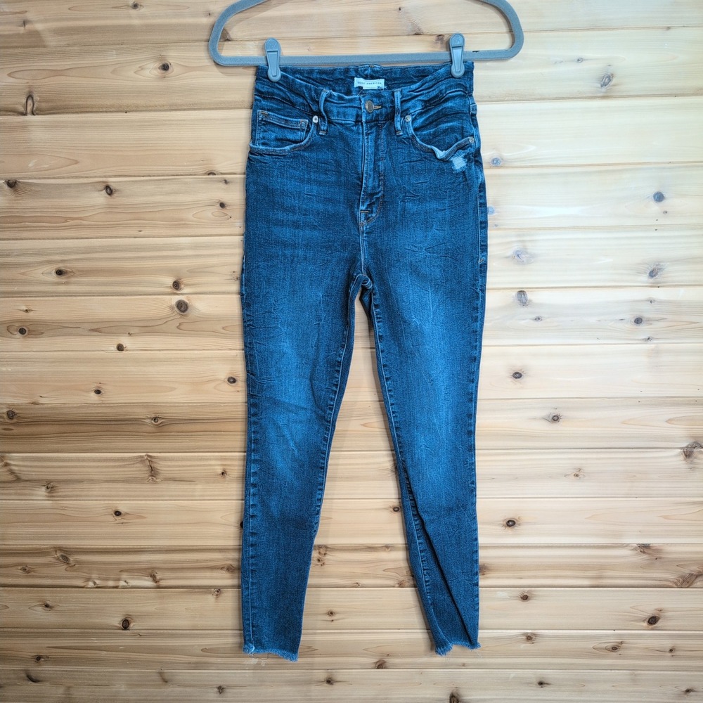 Good American Good Legs High Rise Skinny Jeans Indigo Raw Hem Size 6/28 GLRH873T